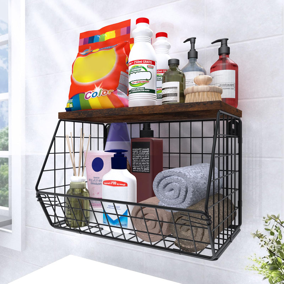 MSJGA stackable basket with wooden lid on wall shelves for towels and supplies