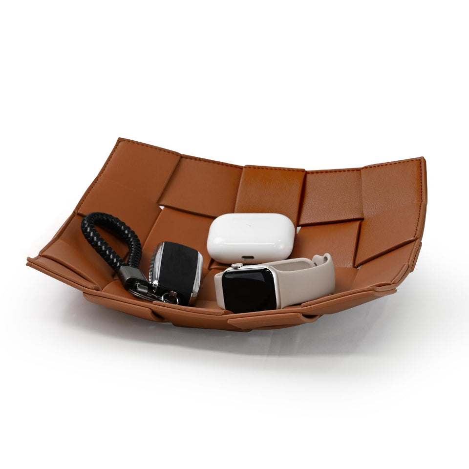 MSJGA Valet Tray in brown PU leather shows off a stylish catchall for keys, coins, and cards.