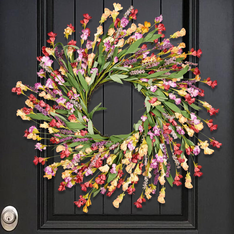 MSMUH 24-inch spring wreath with berries and wildflowers for front door decor.
