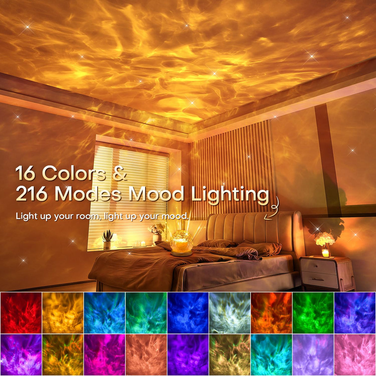 Mubarek sunset-and-ocean-lights projection fills spaces with calming scenes.
