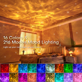 Mubarek sunset-and-ocean-lights projection fills spaces with calming scenes.