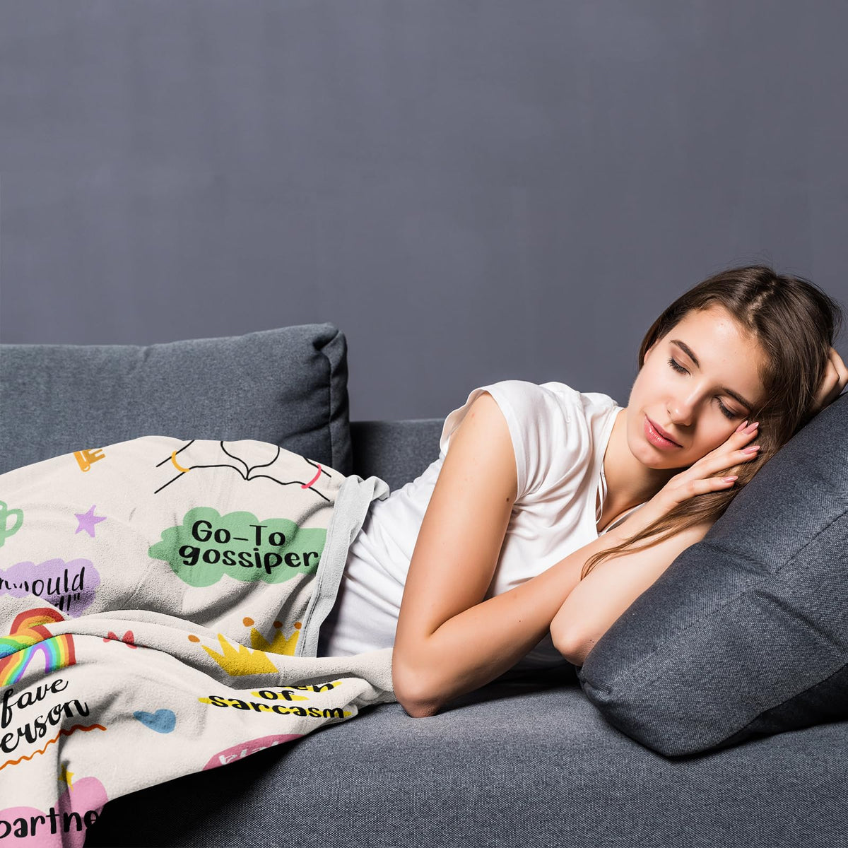 Mubpean appreciation gift blanket on a sofa creates a comforting lounge moment.