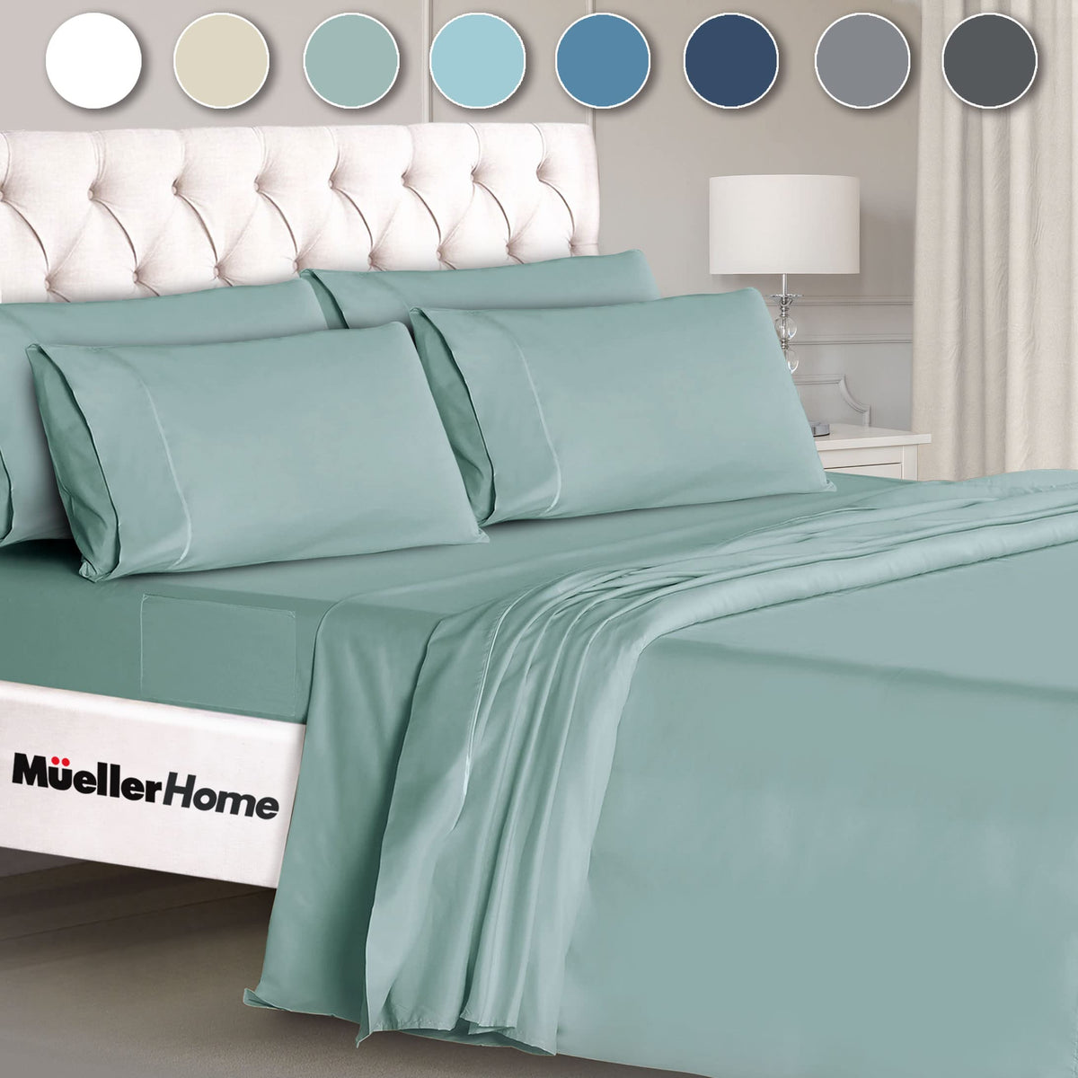 Mueller Home UltraTemp king fitted sheet shows deep 16-inch pockets and soft touch.