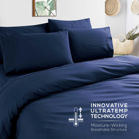 Mueller Home Ultratemp navy bed set displayed on bed for hotel luxury