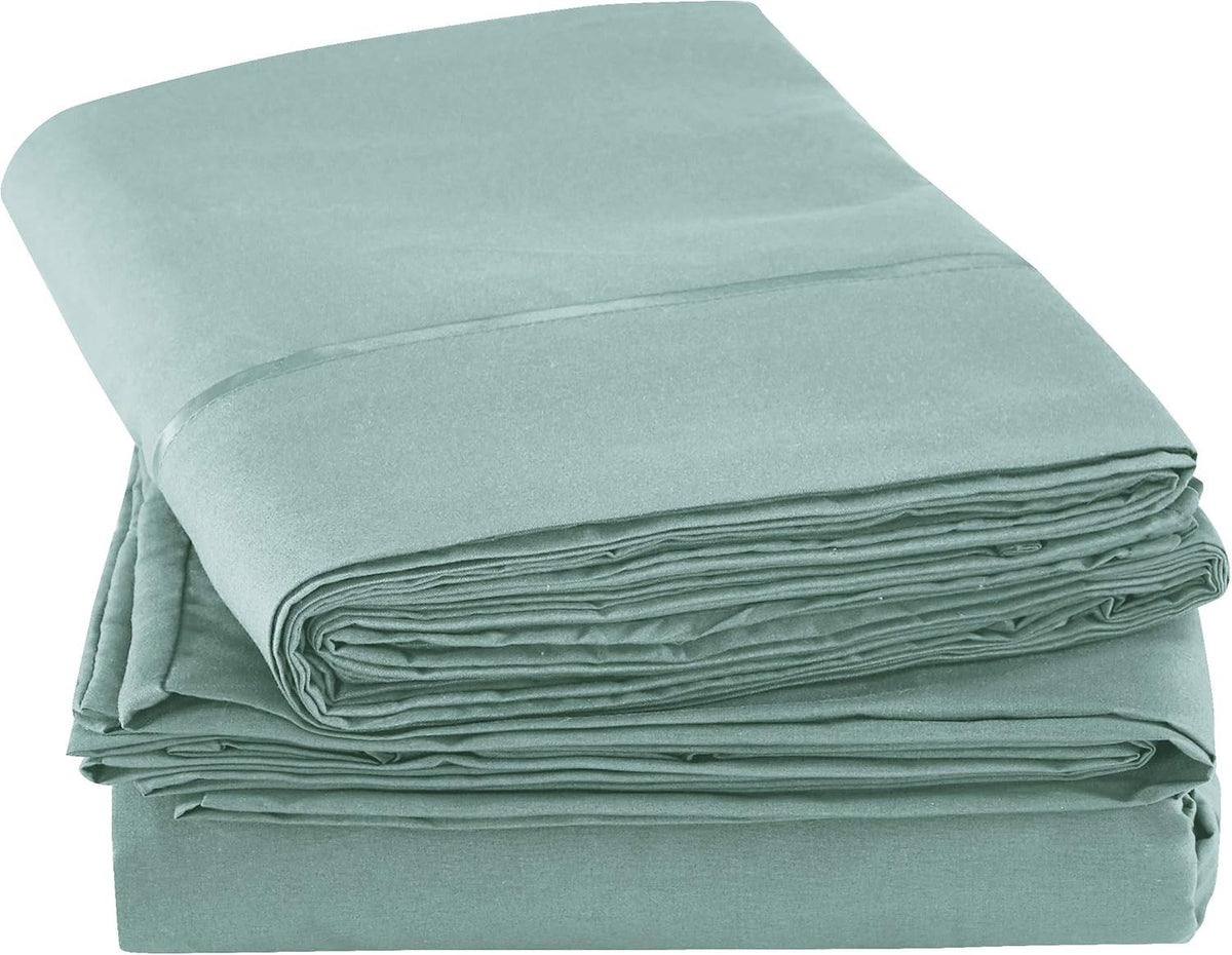 Mueller Home UltraTemp teal-colored bedding setup for a calm bedroom look.