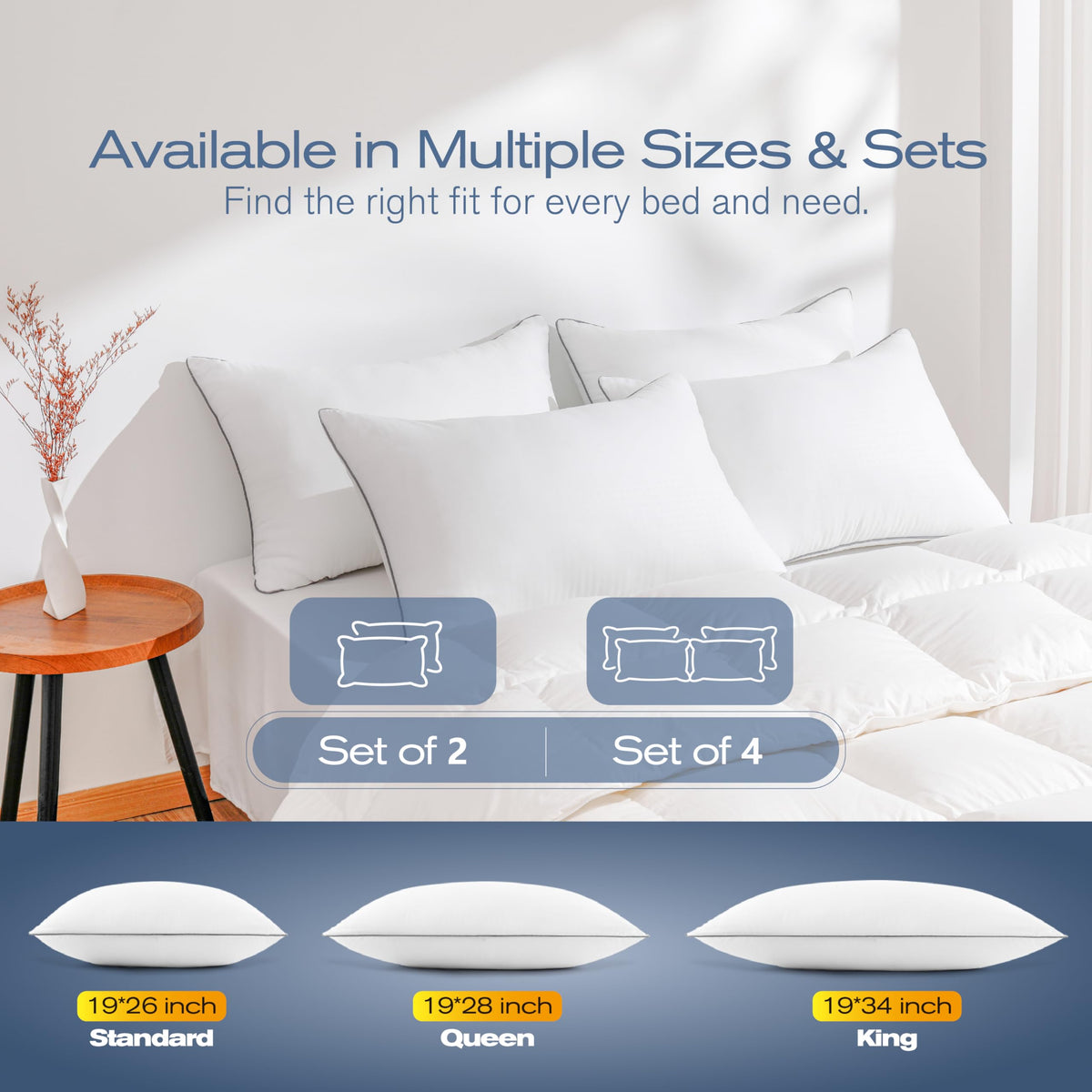 MUFEW Queen Pillows 4-pack suitable for back, stomach and side sleepers