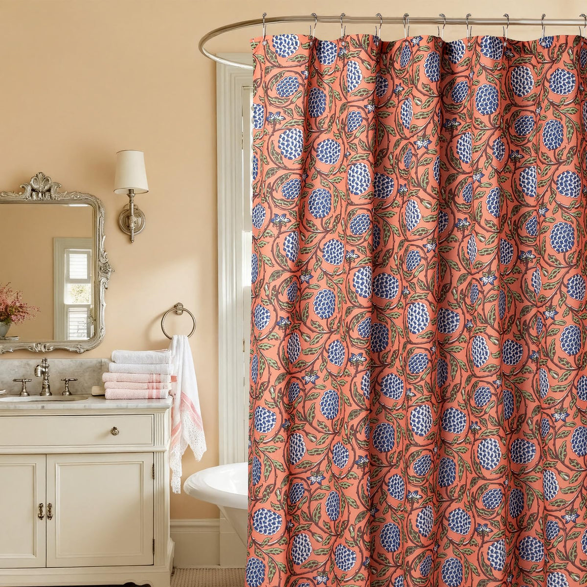 MUGINYU boho burnt orange floral shower curtain adds rustic charm.