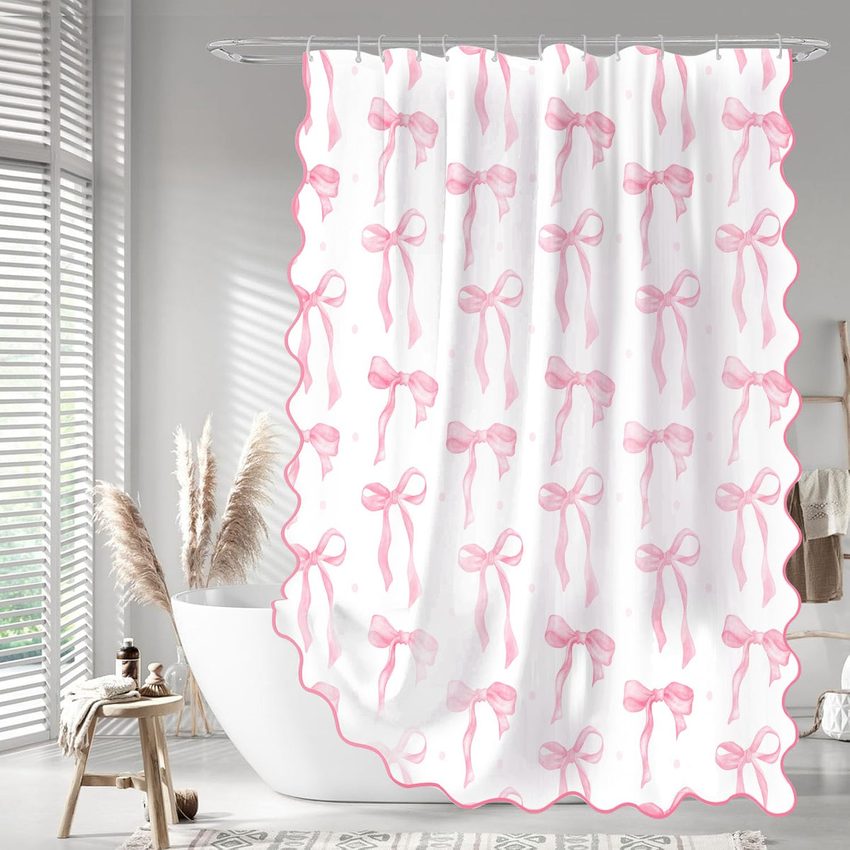 MUGINYU pink bow shower curtain with cute pattern and included hooks