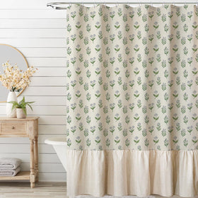 MUGINYU linen-textured ruffle shower curtain with vintage floral beige-green adds cottagecore charm.