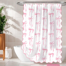 MUGINYU scalloped edge pink curtain adds elegant detail to bath