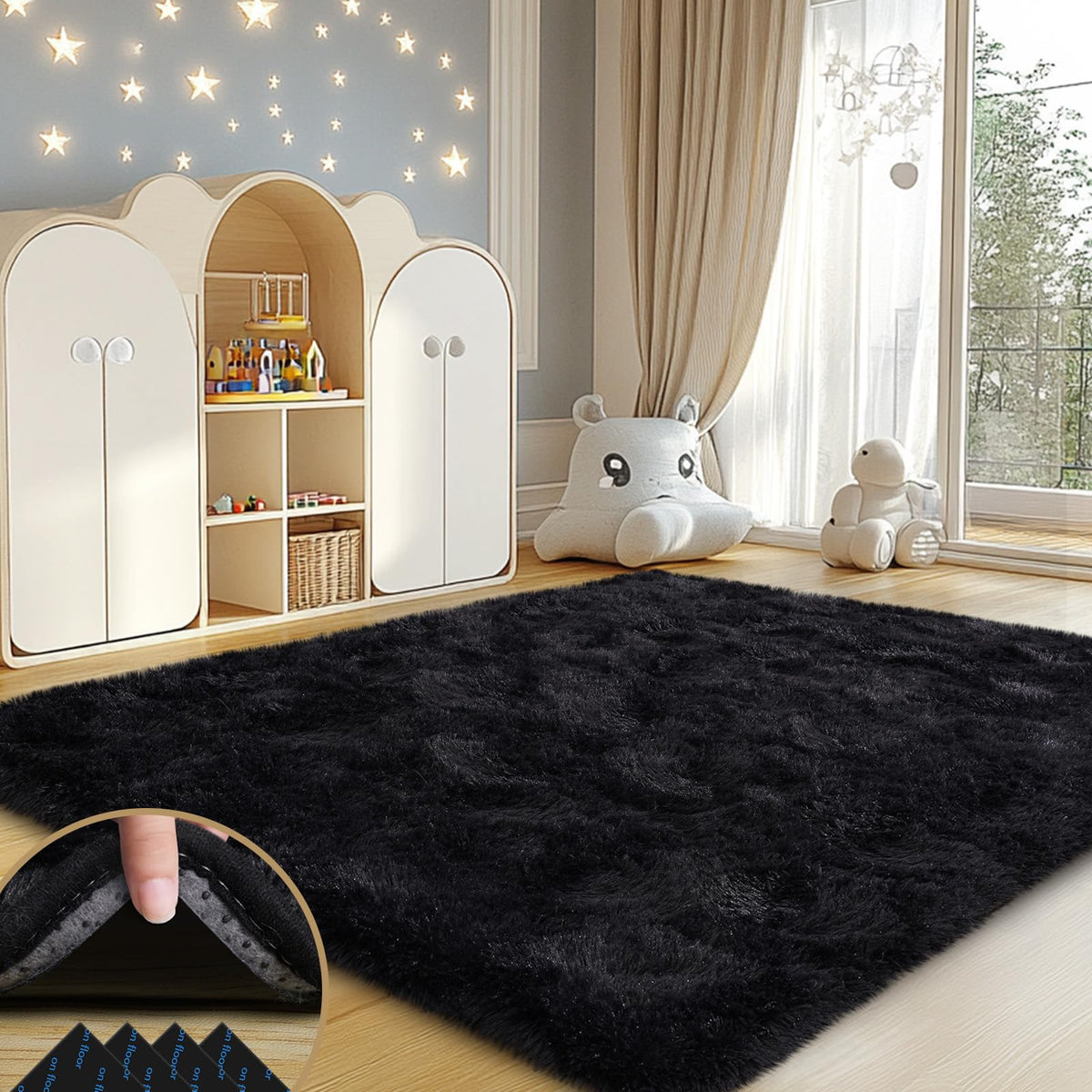 Mugorn black rug cloud-soft pile for a cozy living room underfoot.