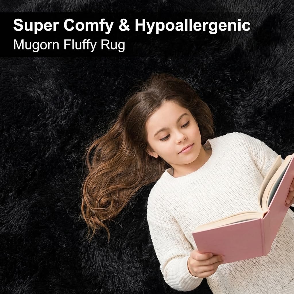 Mugorn black rug double-stitched edges resist fraying for durability.