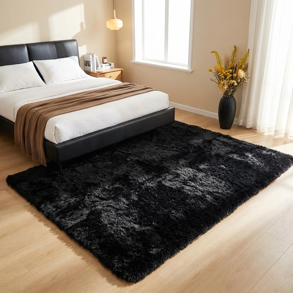 Mugorn black rug easy care wipe spills and air dry.