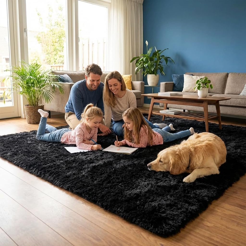 Mugorn black rug solid-black color enhances any room decor.