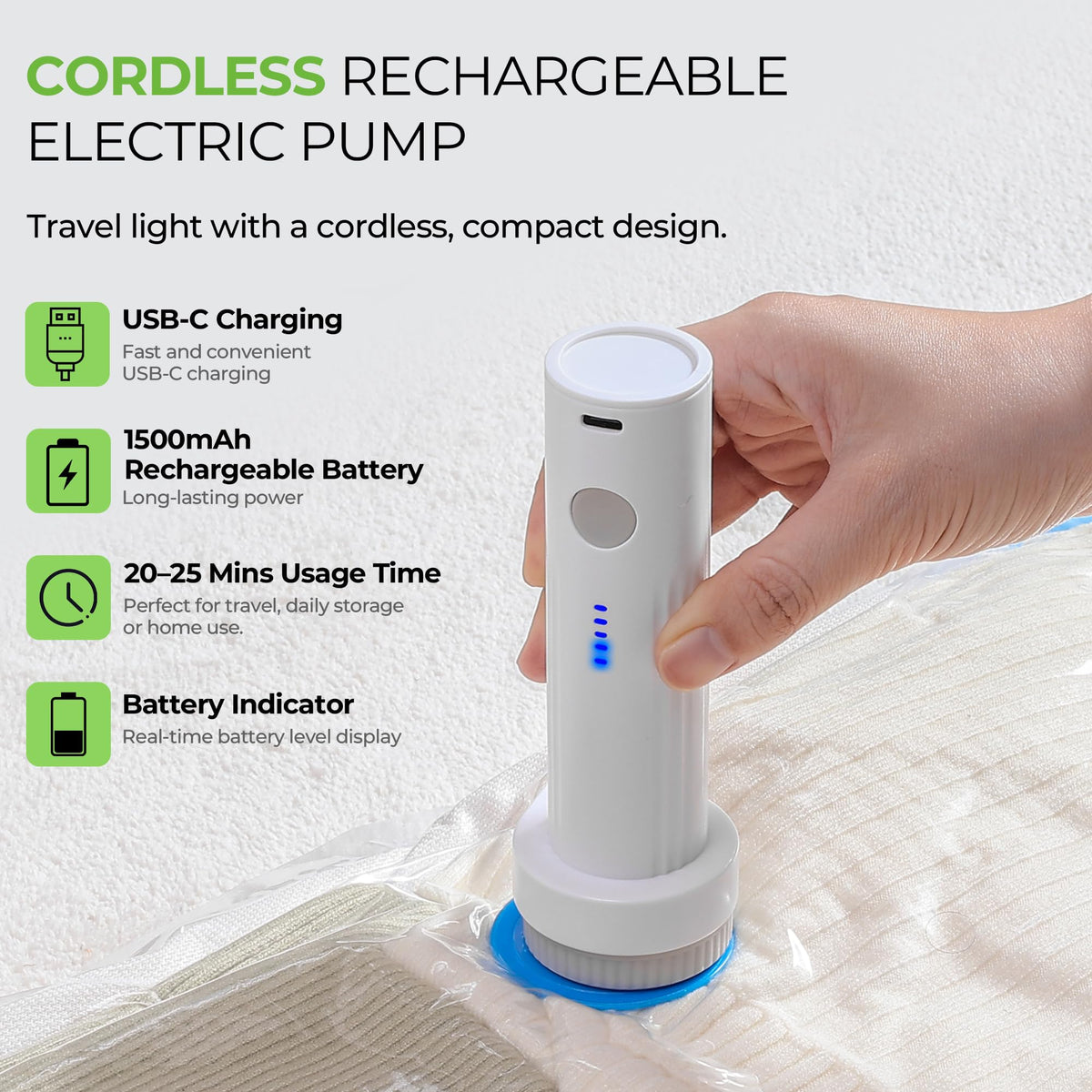 MUIMUICHU portable rechargeable pump enables quick, hands-free vacuuming while traveling.