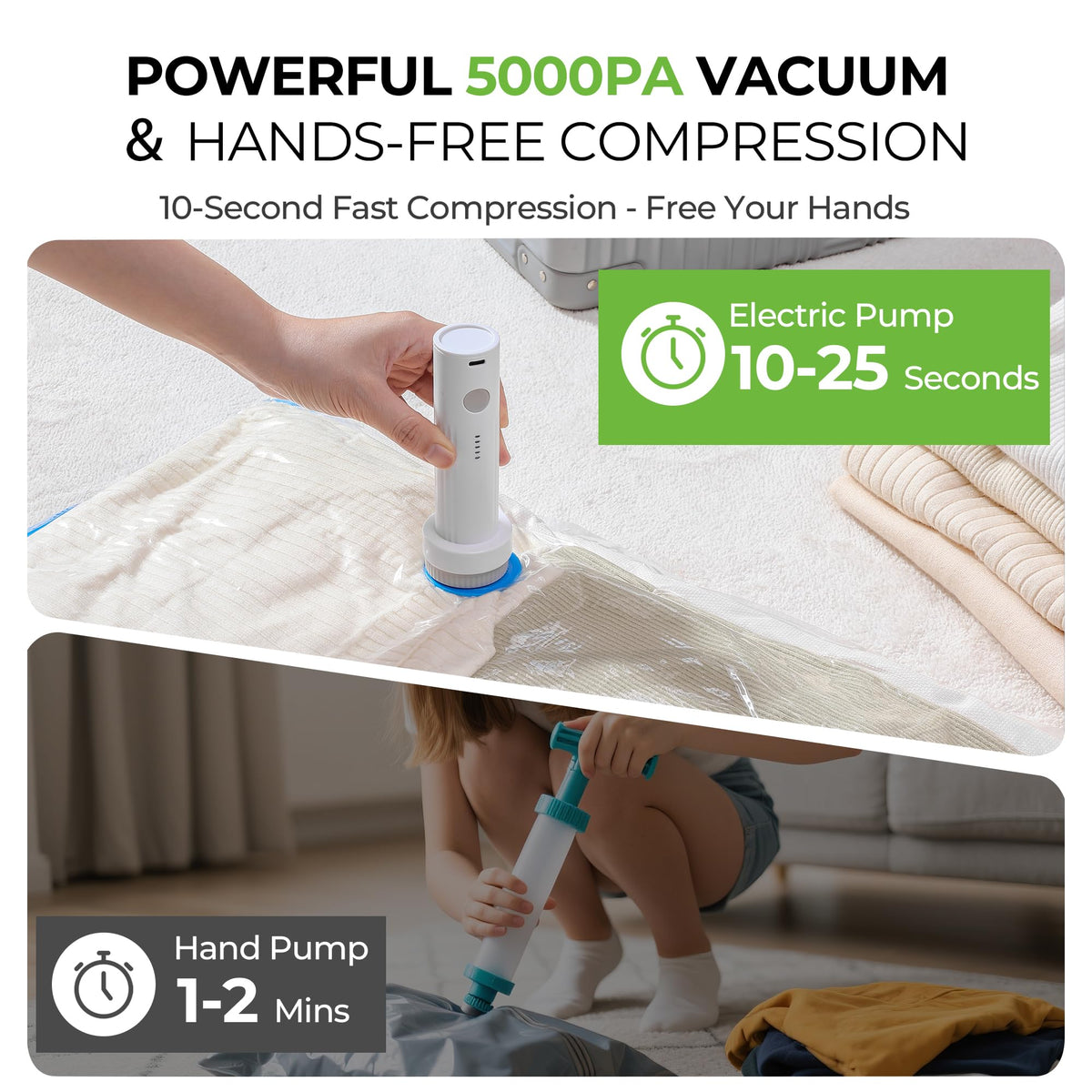 MUIMUICHU pump-in-action reduces packing time with 10–20 second suction.