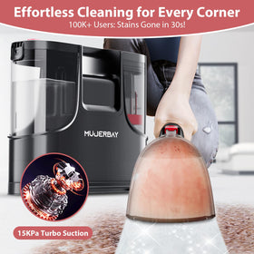 MUJERBAY deep-clean suction demonstrates powerful stain removal on fabric.