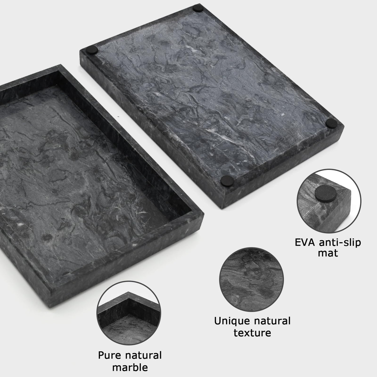 MULWR marble tray on bathroom sink for organized toiletries.
