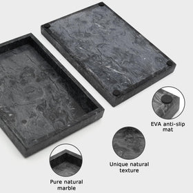MULWR marble tray on bathroom sink for organized toiletries.