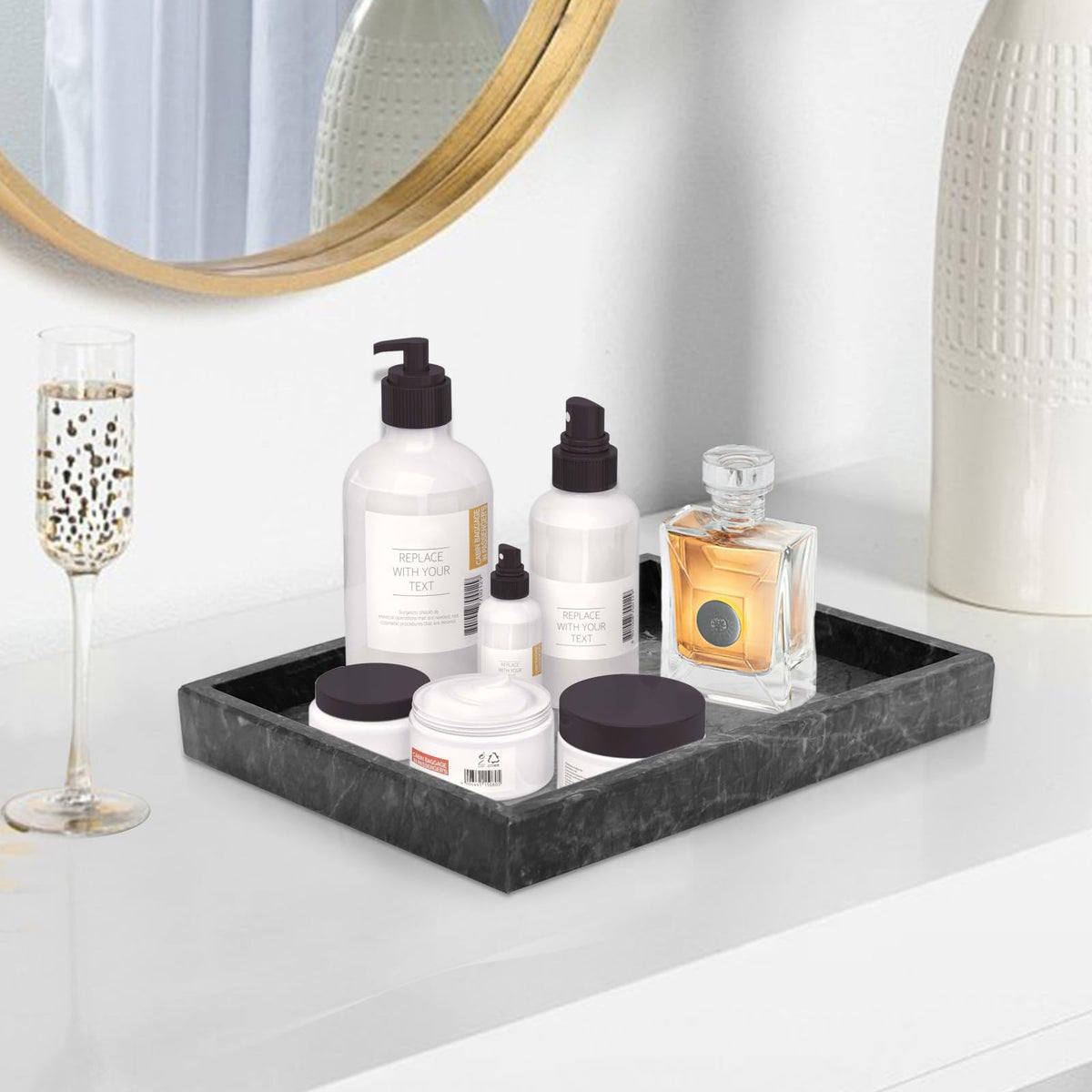 MULWR marble tray on countertop offers a sturdy, stylish organizer.