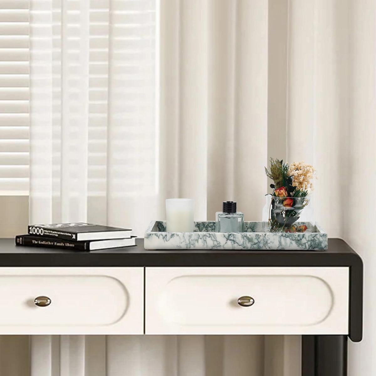 MULWR Marble Tray fits 12 by 8 inch space on sink or vanity.