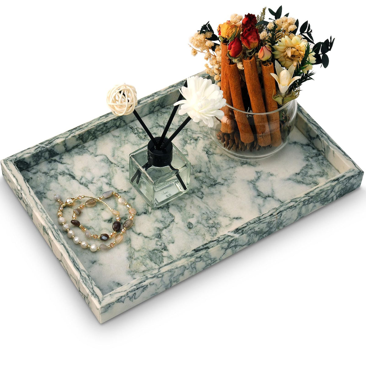 MULWR Marble Tray vanity setup with natural veining for stylish organization.