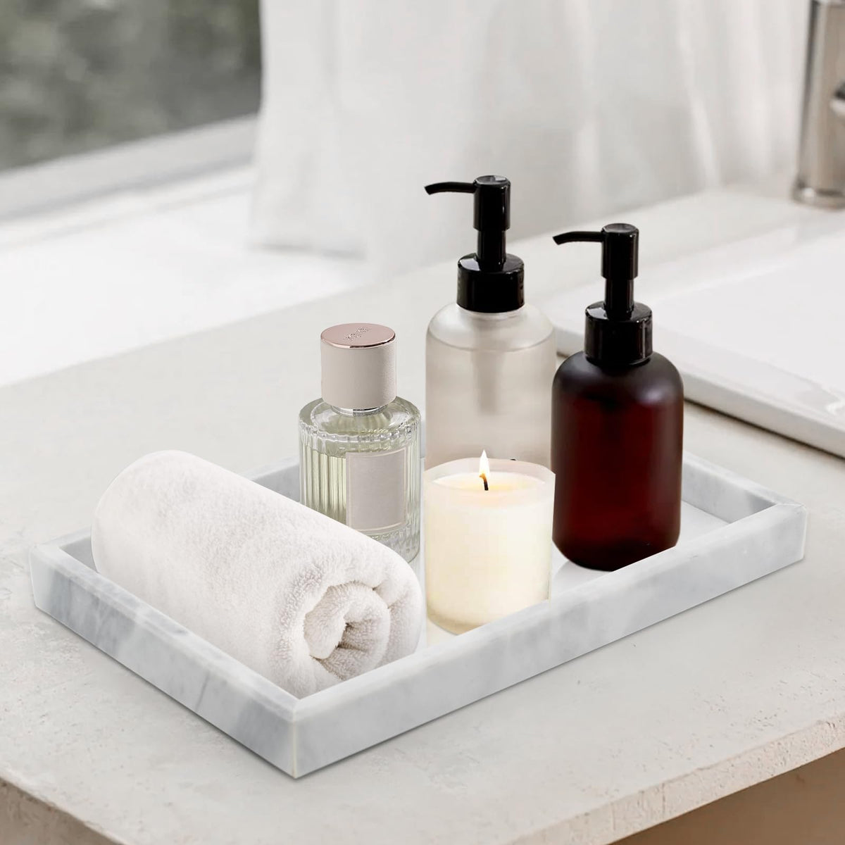 MULWR stone tray on vanity resists stains for lasting elegance.