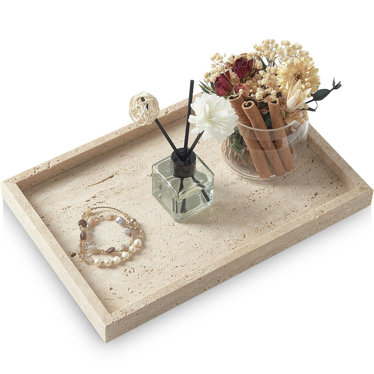 MULWR Travertine Tray for bathroom vanity keeps essentials organized with marble elegance.