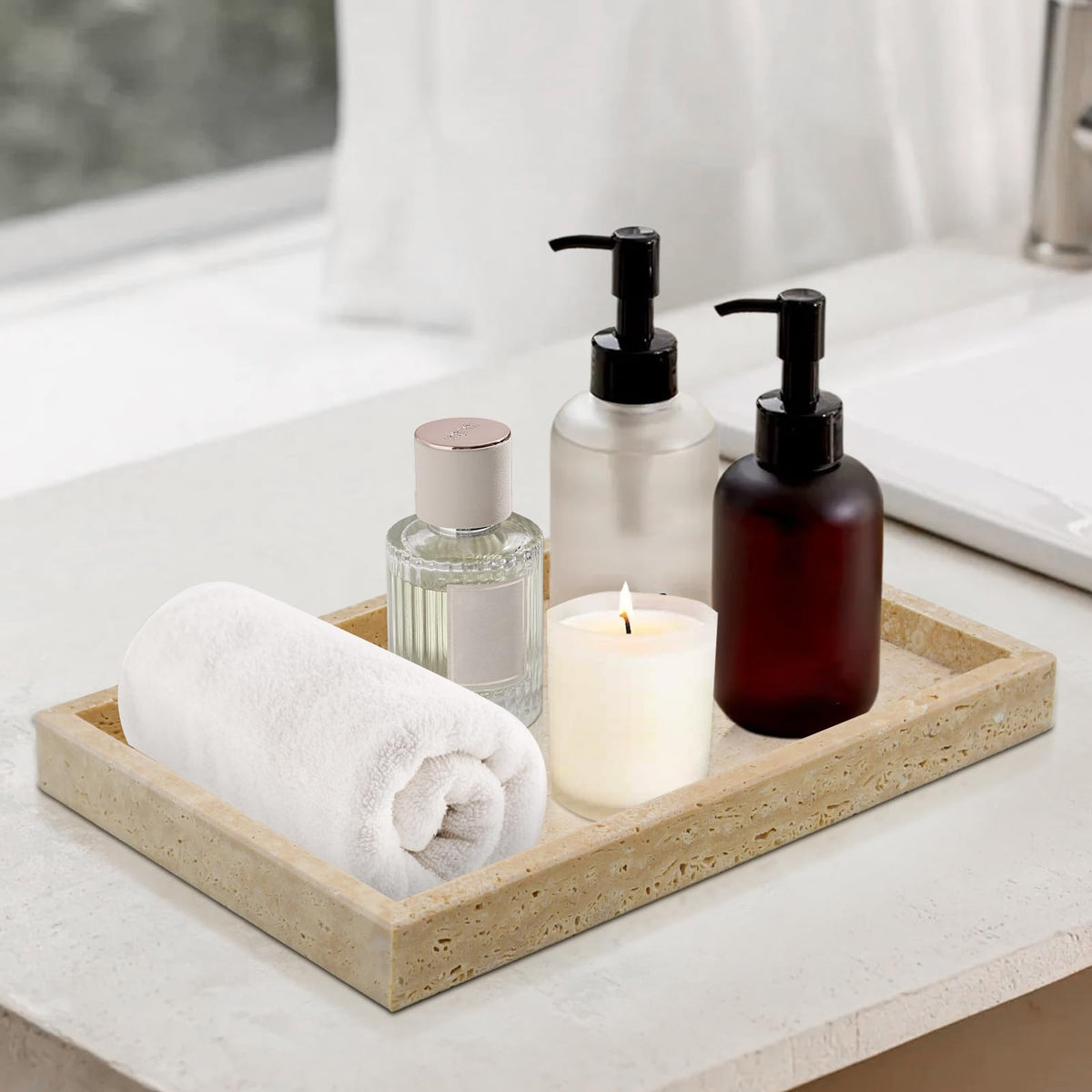 MULWR Travertine Tray's smooth, stain-resistant surface is easy to wipe clean.
