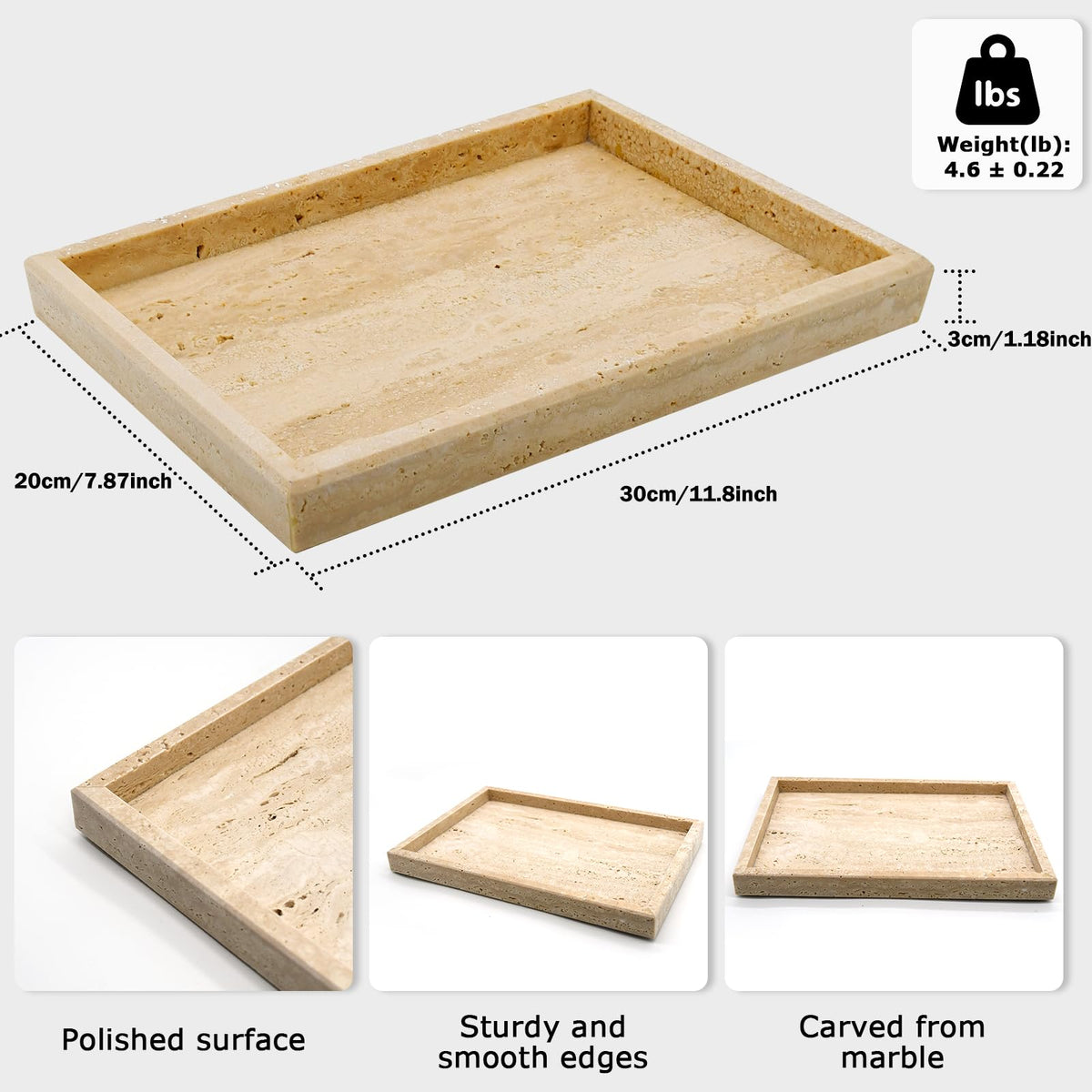 MULWR Travertine Tray organizes hand soap and cosmetics on the sink.