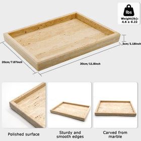 MULWR Travertine Tray organizes hand soap and cosmetics on the sink.
