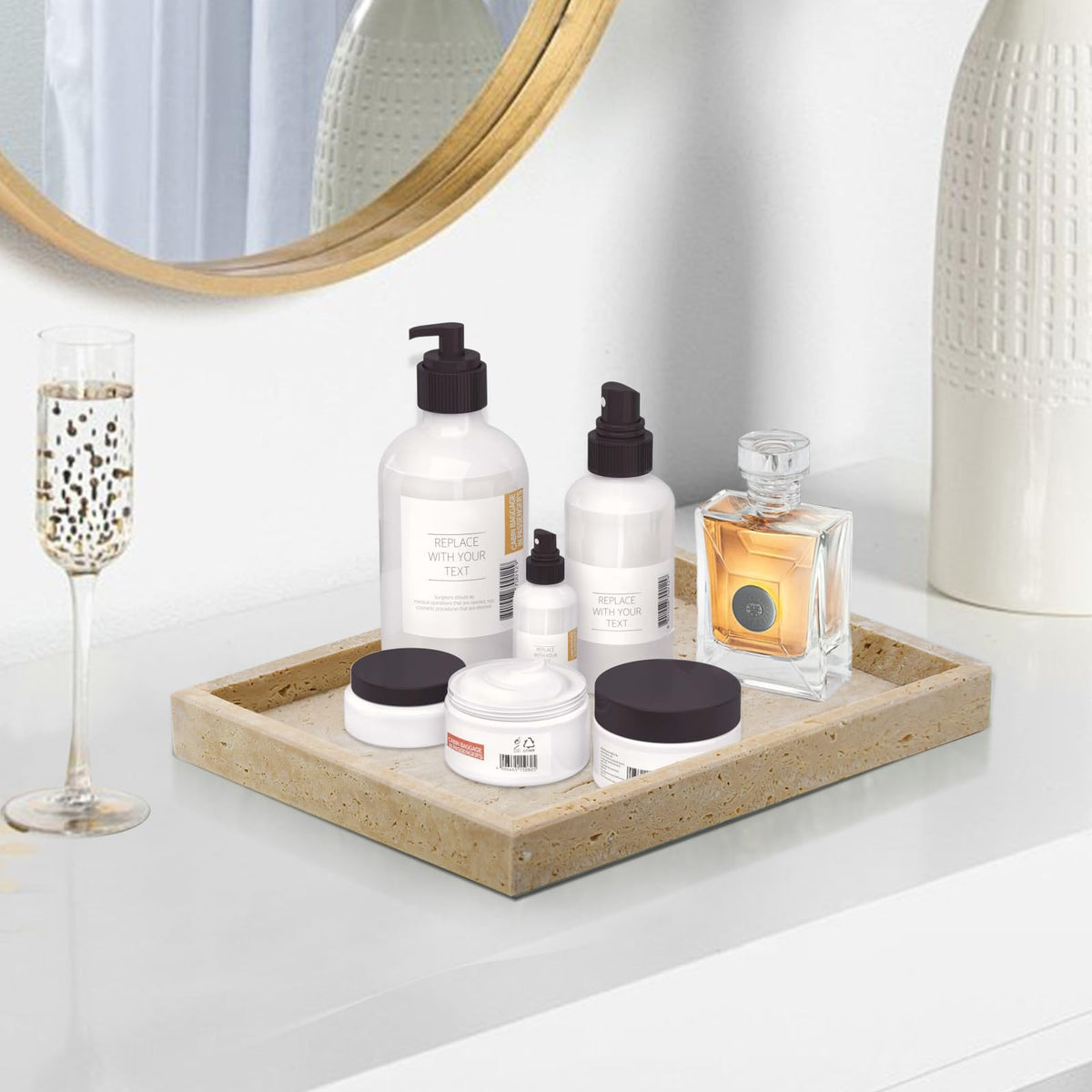 MULWR Travertine Tray keeps perfumes and cosmetics neatly grouped for clutter-free surfaces.