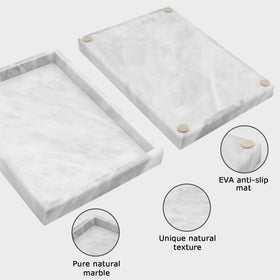 MULWR vanity tray in white marble keeps cosmetics neatly organized.
