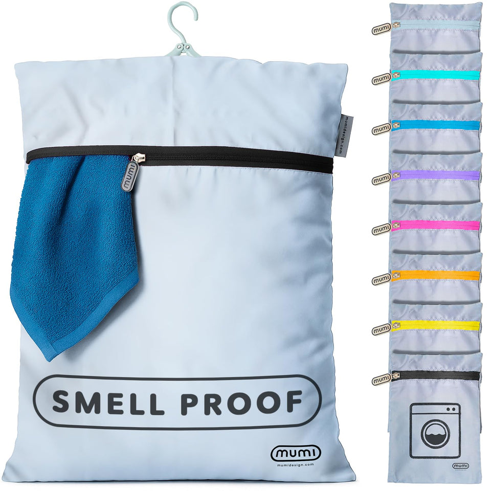 MUMI travel laundry bag with folding hanger for quick air-drying on the go