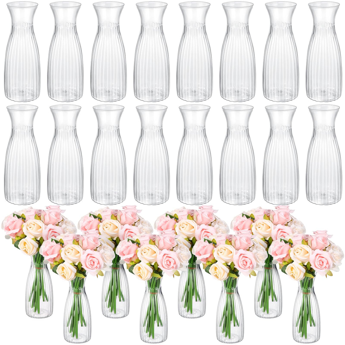 Mumufy clear bud vase 24-pack for elegant wedding centerpieces.