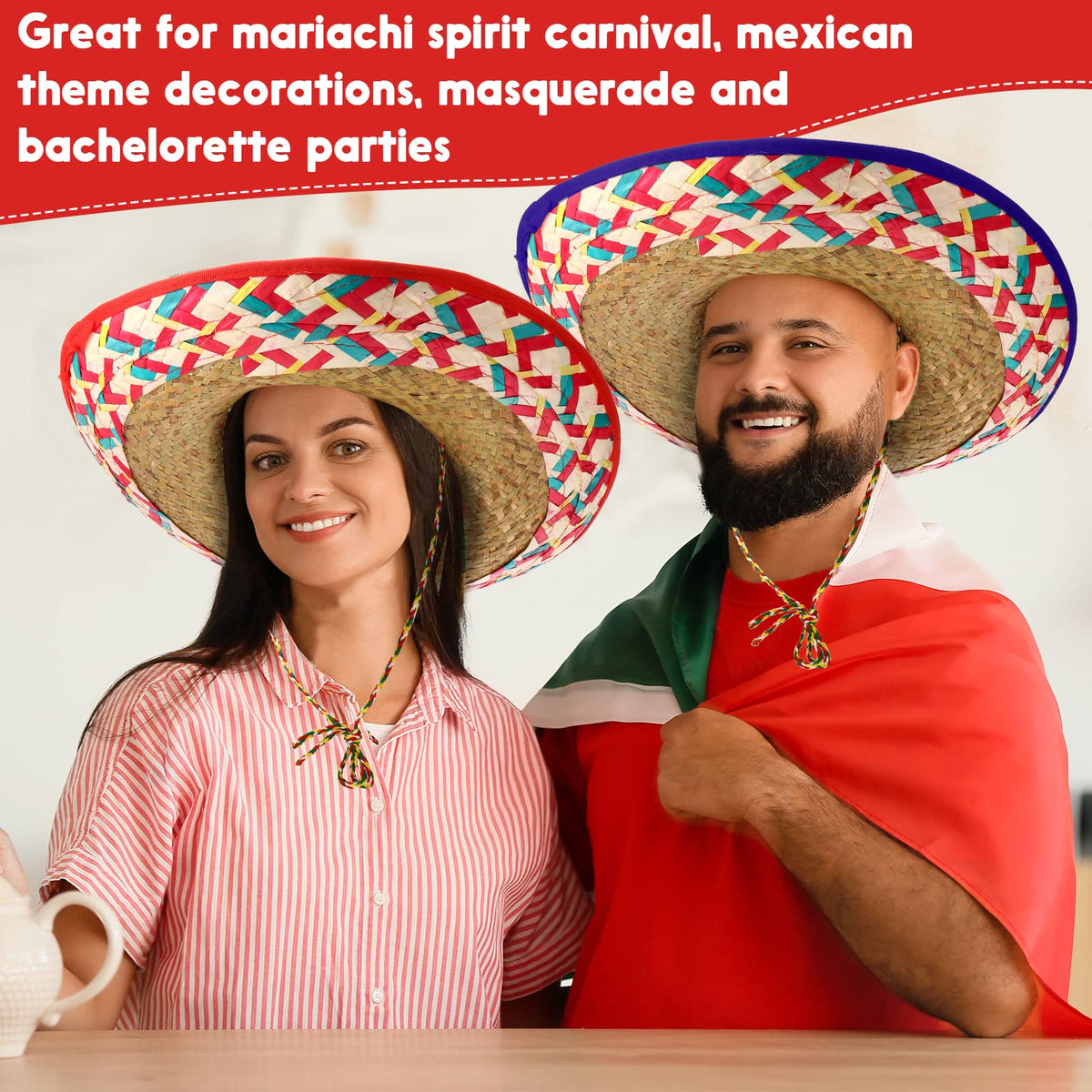 Mumufy 12-pack sombreros serve as carnival props and colorful party decor