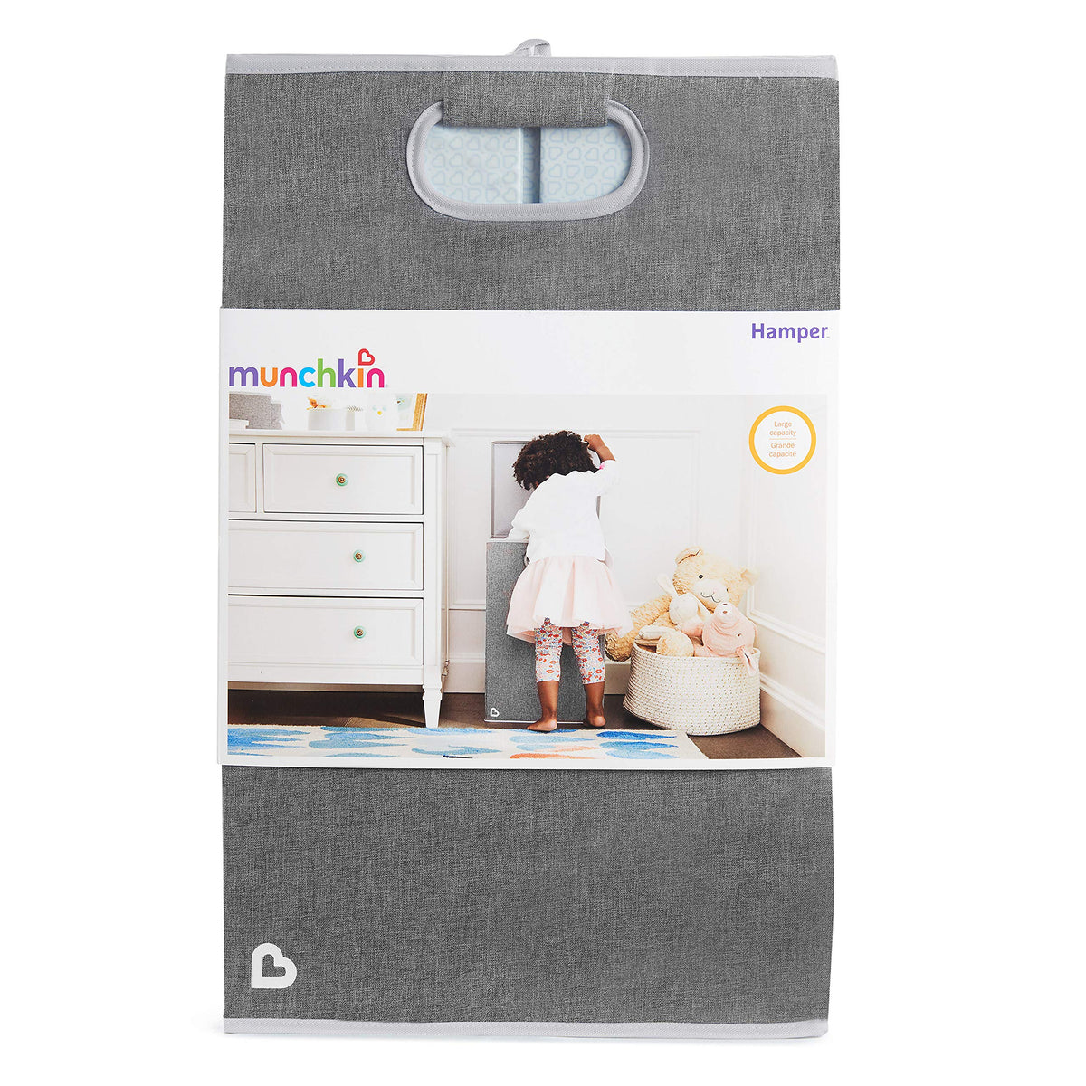 Munchkin large capacity hamper suits busy nurseries and kids rooms.