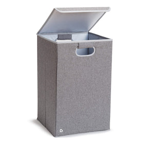 Munchkin laundry hamper with lid in grey, spacious for baby clothes and accessories.
