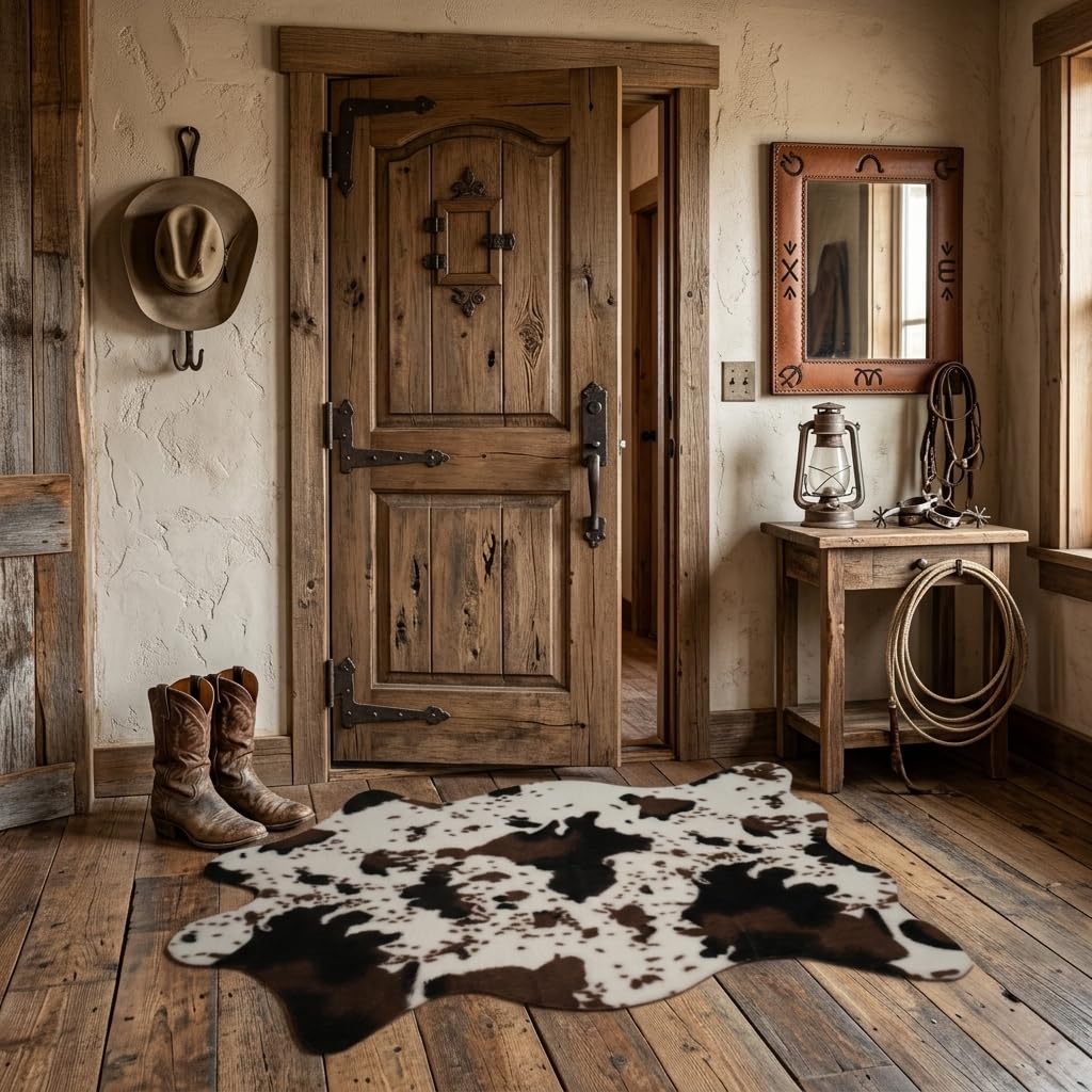 MustMat cow print rug at entryway offers stable footing and welcoming vibe