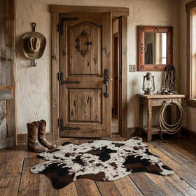 MustMat cow print rug at entryway offers stable footing and welcoming vibe