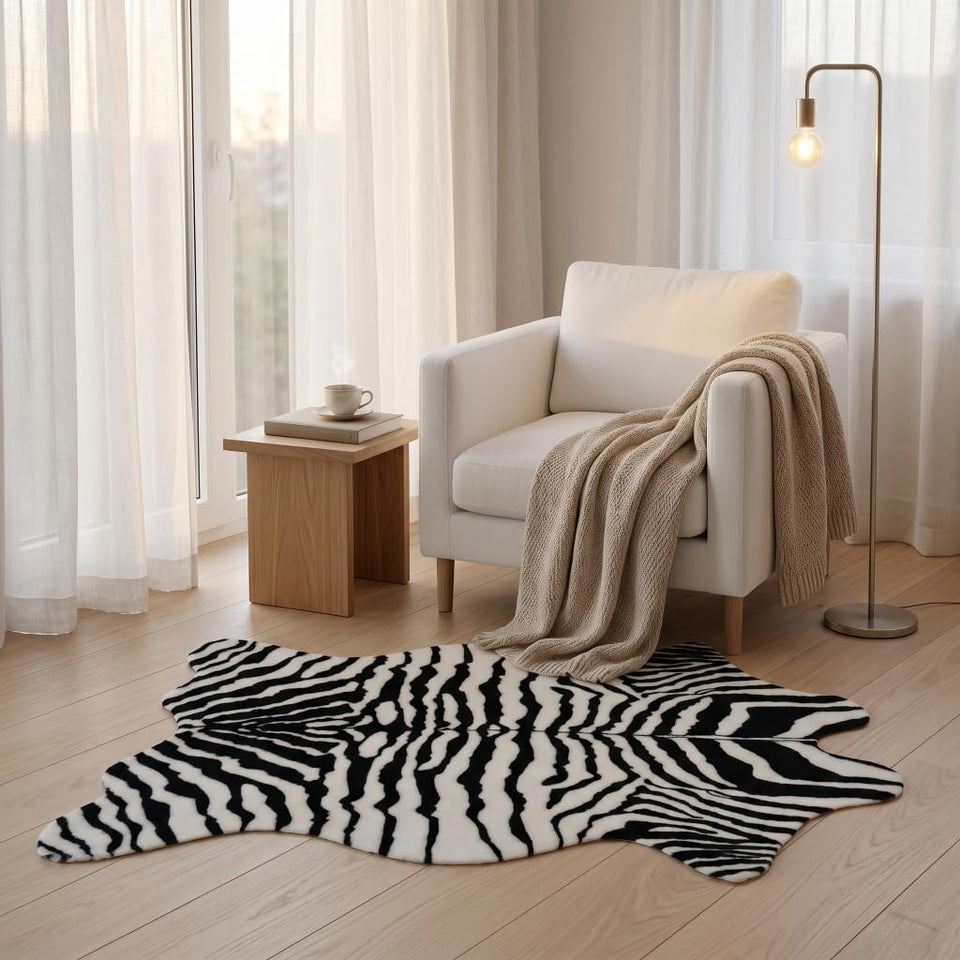 MustMat faux zebra rug front view adds bold contrast to modern living rooms.