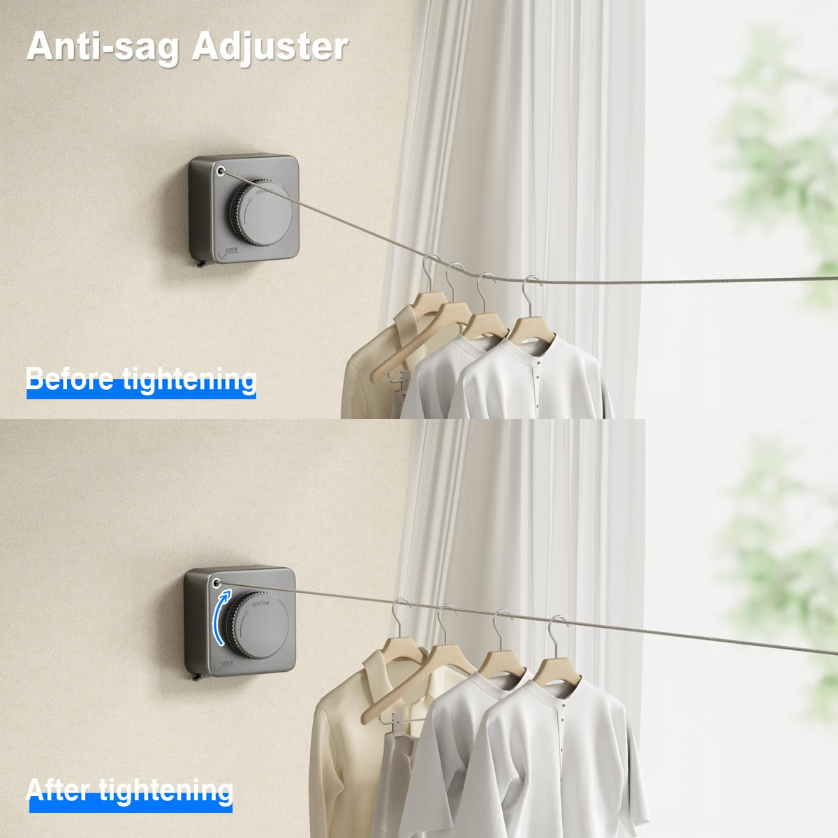 Mustorn 15.1 ft heavy-duty clothesline provides ample space for shirts, towels, and more