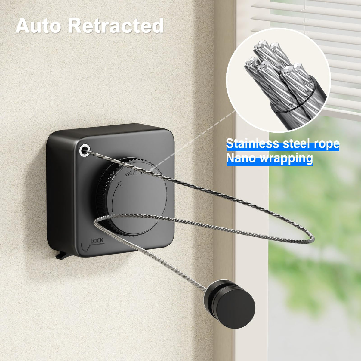 Mustorn space-saving retractable line stores away when not in use.