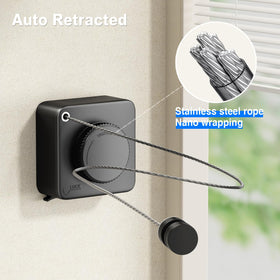 Mustorn space-saving retractable line stores away when not in use.