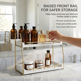 Mustry open-shelf display offers clear visibility for cosmetics, perfumes, and daily essentials.
