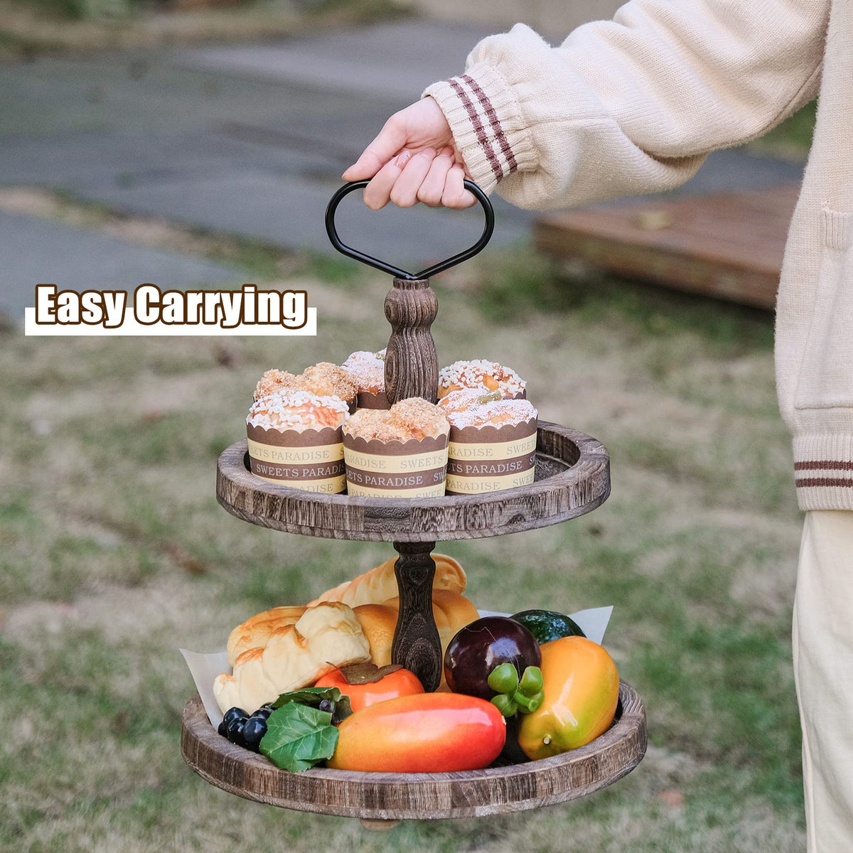 Mustry portable two-tier tray with handle for flexible use