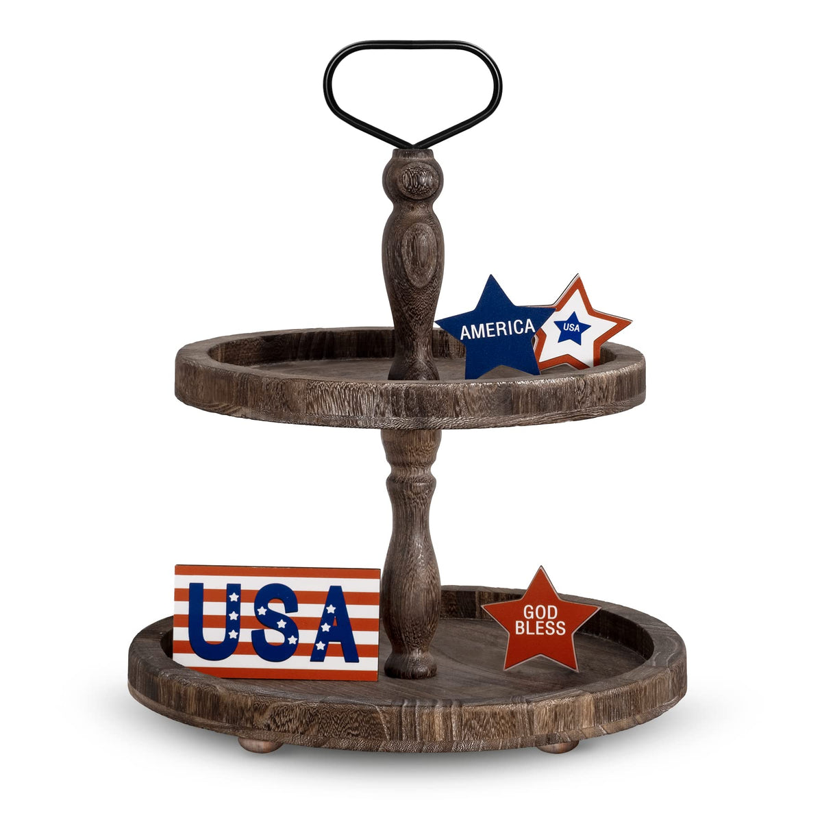 Mustry rustic wooden two-tier round tray on display adds elegant countertop charm