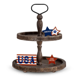 Mustry rustic wooden two-tier round tray on display adds elegant countertop charm