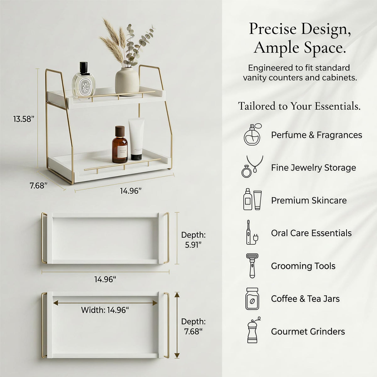 Mustry vanity shelf with gold frame highlights skincare bottles in a tidy open-display setup.
