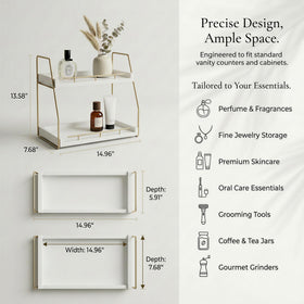 Mustry vanity shelf with gold frame highlights skincare bottles in a tidy open-display setup.